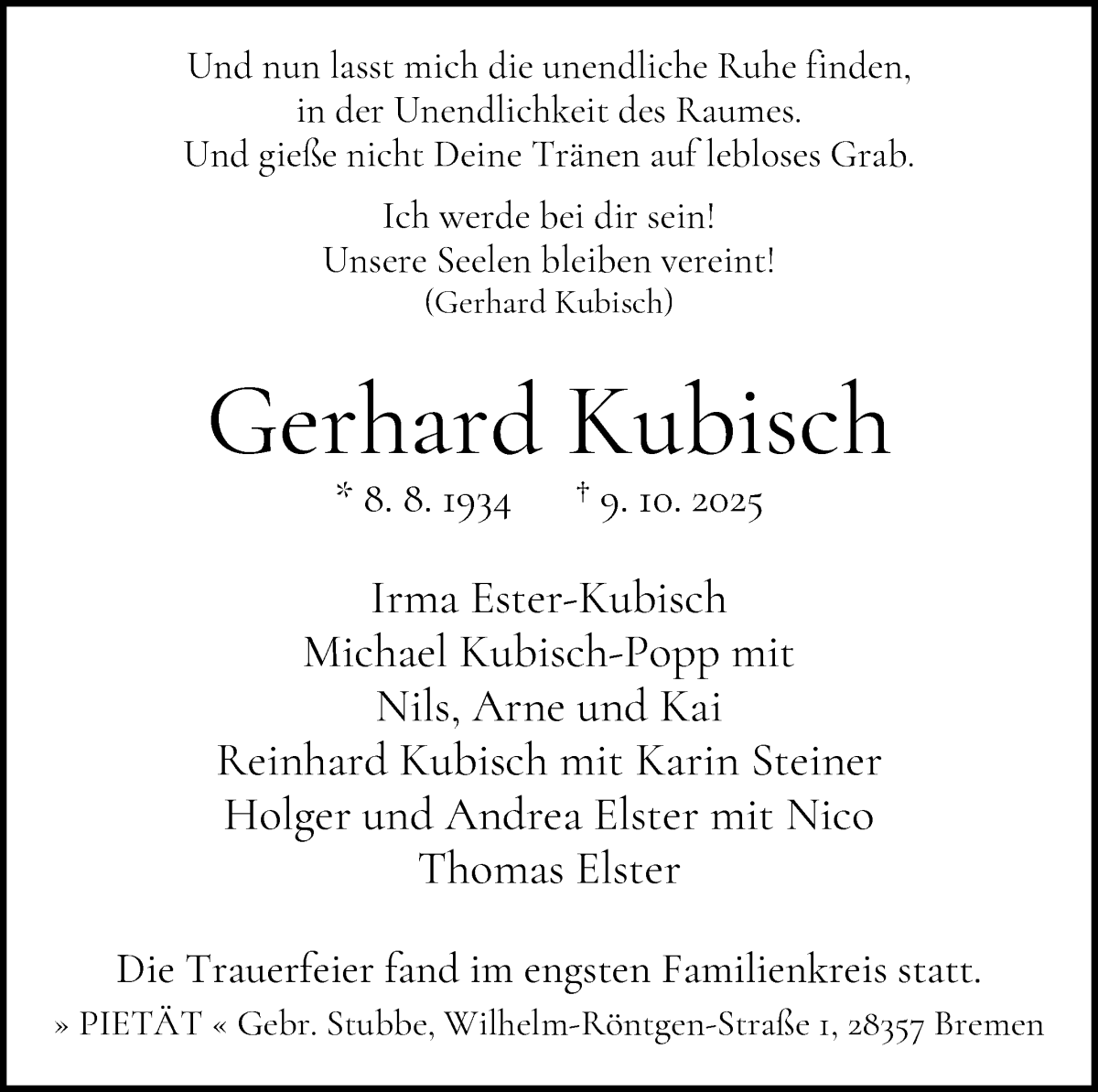 Traueranzeige von Gerhard Kubisch von WESER-KURIER