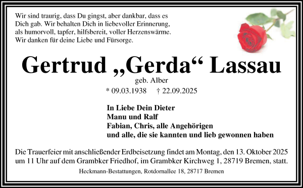 Traueranzeige von Gertrud Gerda Lassau von Die Norddeutsche