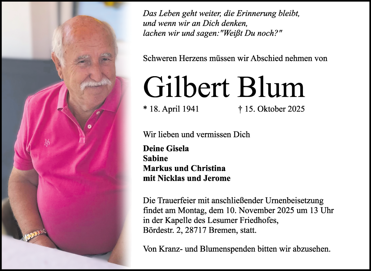 Traueranzeige von Gilbert Blum von WESER-KURIER