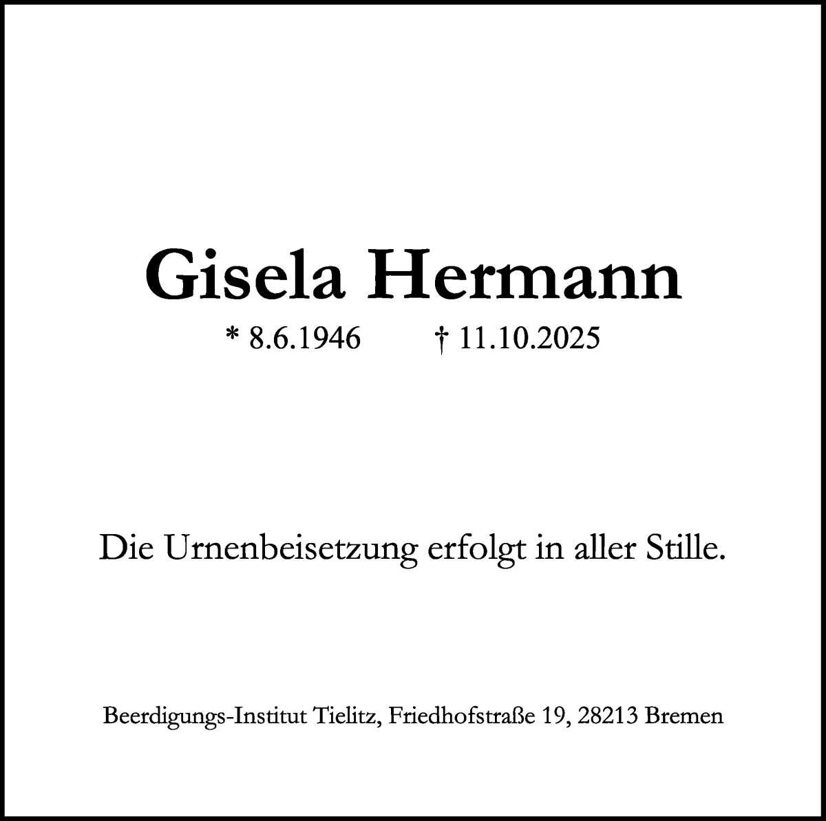 Traueranzeige von Gisela Hermann von WESER-KURIER