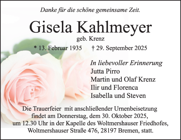 Traueranzeige von Gisela Kahlmeyer von WESER-KURIER