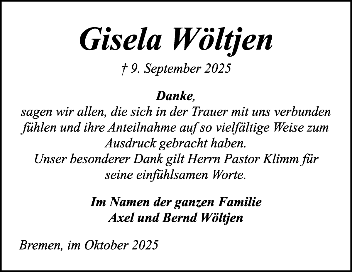 Traueranzeige von Gisela Wöltjen von WESER-KURIER