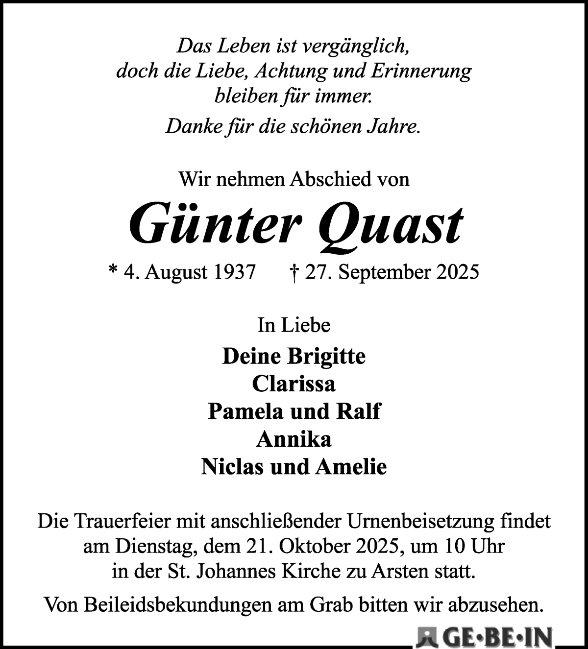 Traueranzeige von Günter Quast von WESER-KURIER