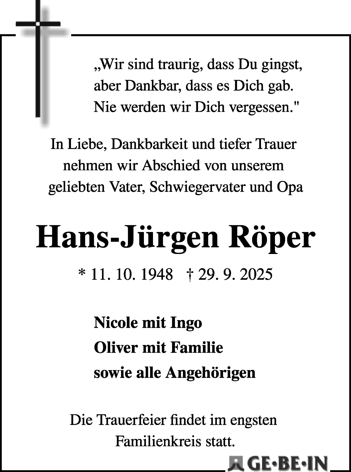 Traueranzeige von Hans-Jürgen Röper von WESER-KURIER