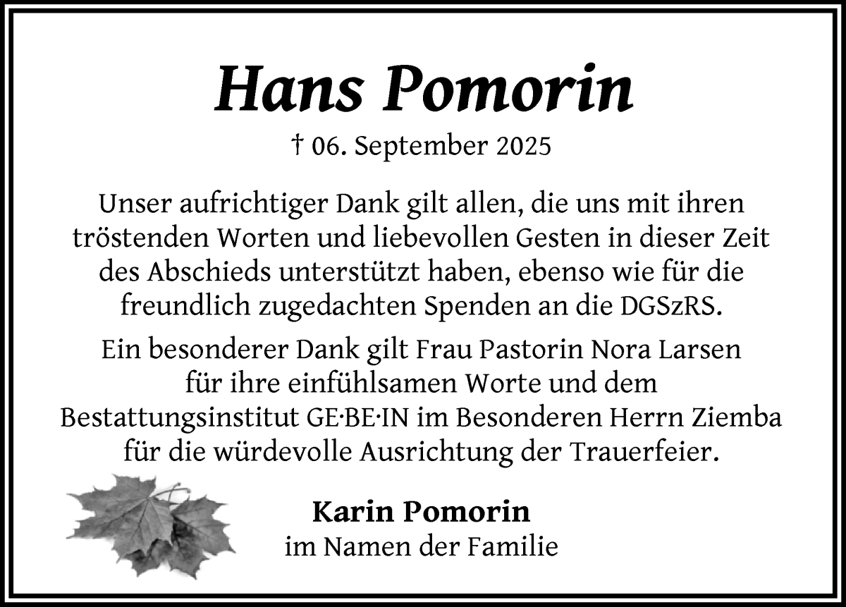 Traueranzeige von Hans Pomorin von WESER-KURIER