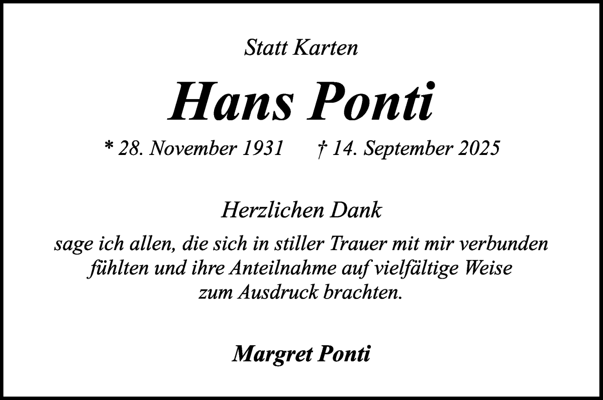 Traueranzeige von Hans Ponti von WESER-KURIER