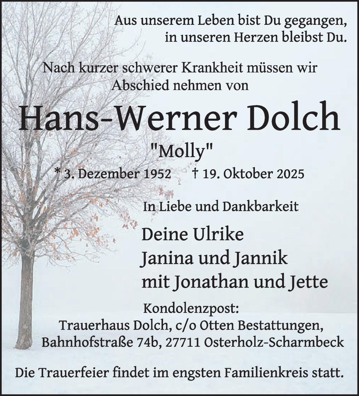 Traueranzeige von Hans-Werner Dolch von Osterholzer Kreisblatt