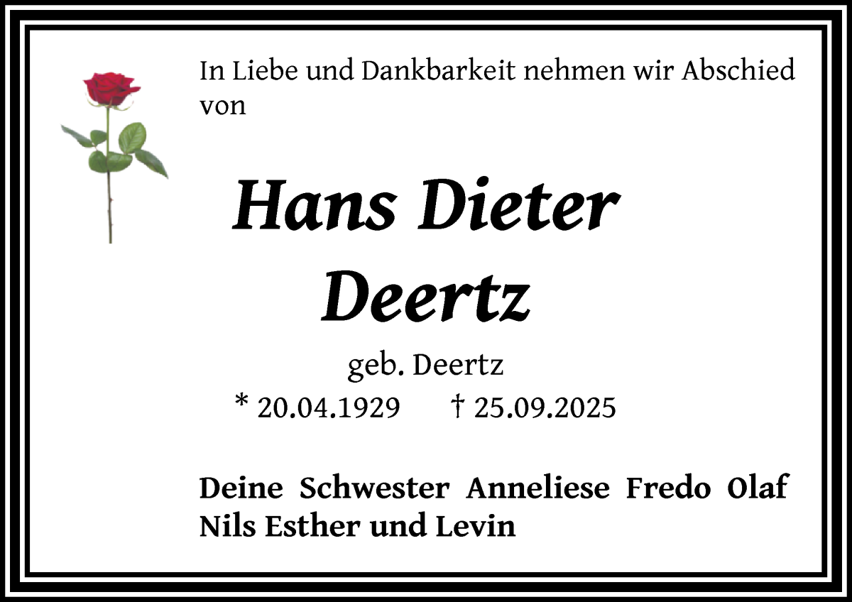 Traueranzeige von Hans Dieter Deertz von WESER-KURIER