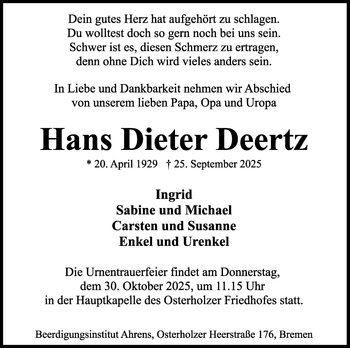 Traueranzeige von Hans Dieter Deertz von WESER-KURIER
