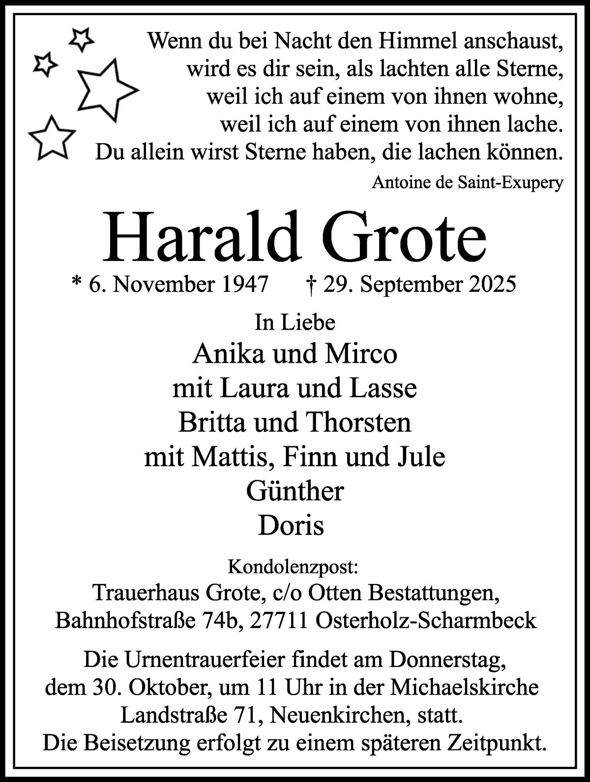 Traueranzeige von Harald Grote von Die Norddeutsche
