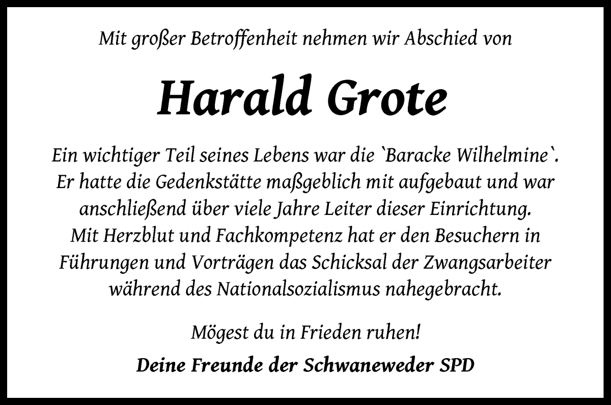 Traueranzeige von Harald Grote von Die Norddeutsche
