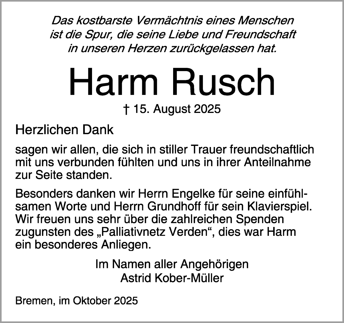 Traueranzeige von Harm Rusch von Achimer Kurier/Verdener Nachrichten