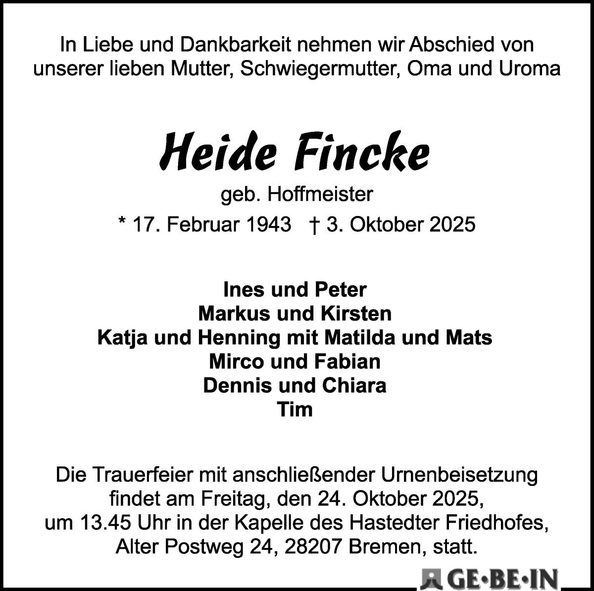 Traueranzeige von Heide Fincke von WESER-KURIER
