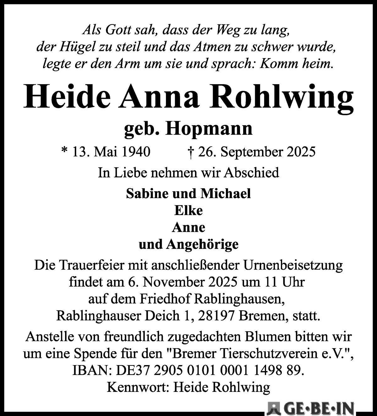 Traueranzeige von Heide Anna Rohlwing von WESER-KURIER