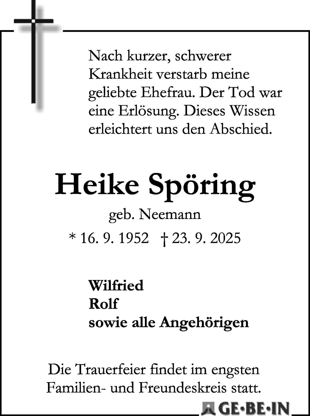 Traueranzeige von Heike Spöring von WESER-KURIER