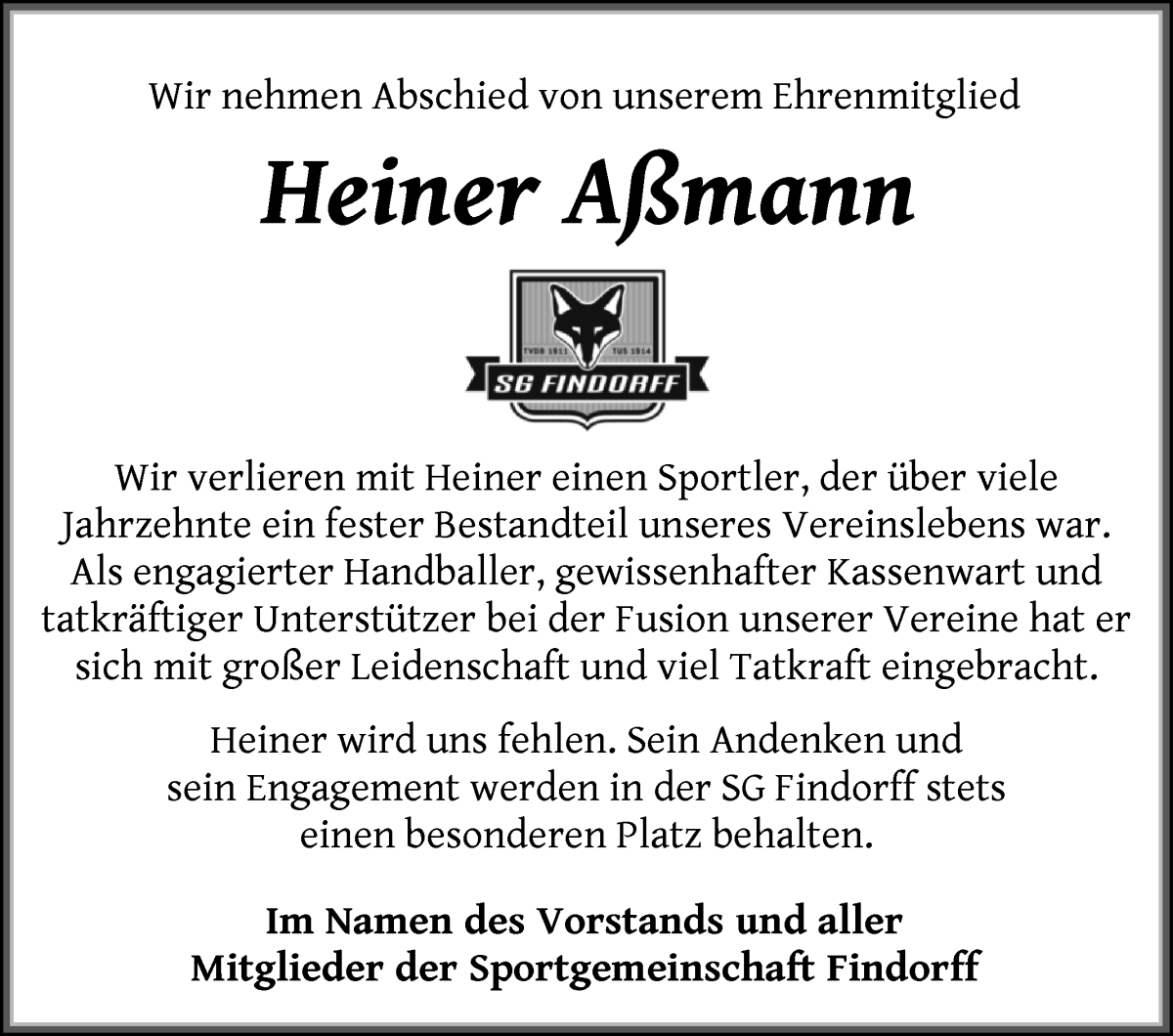 Traueranzeige von Heiner Aßmann von WESER-KURIER