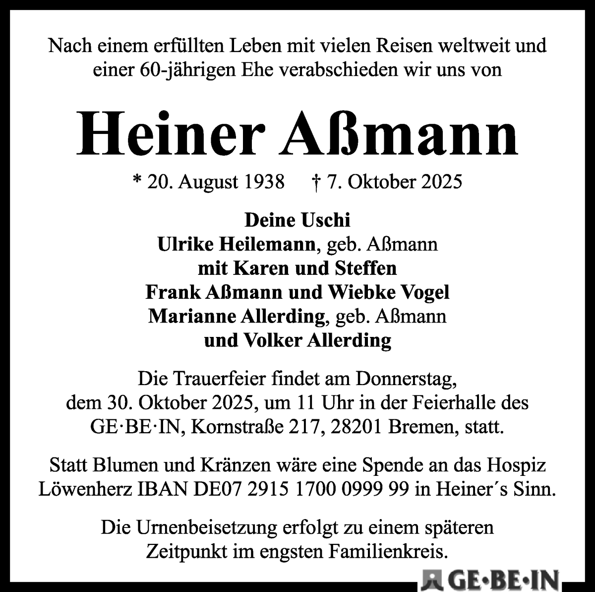 Traueranzeige von Heiner Aßmann von WESER-KURIER