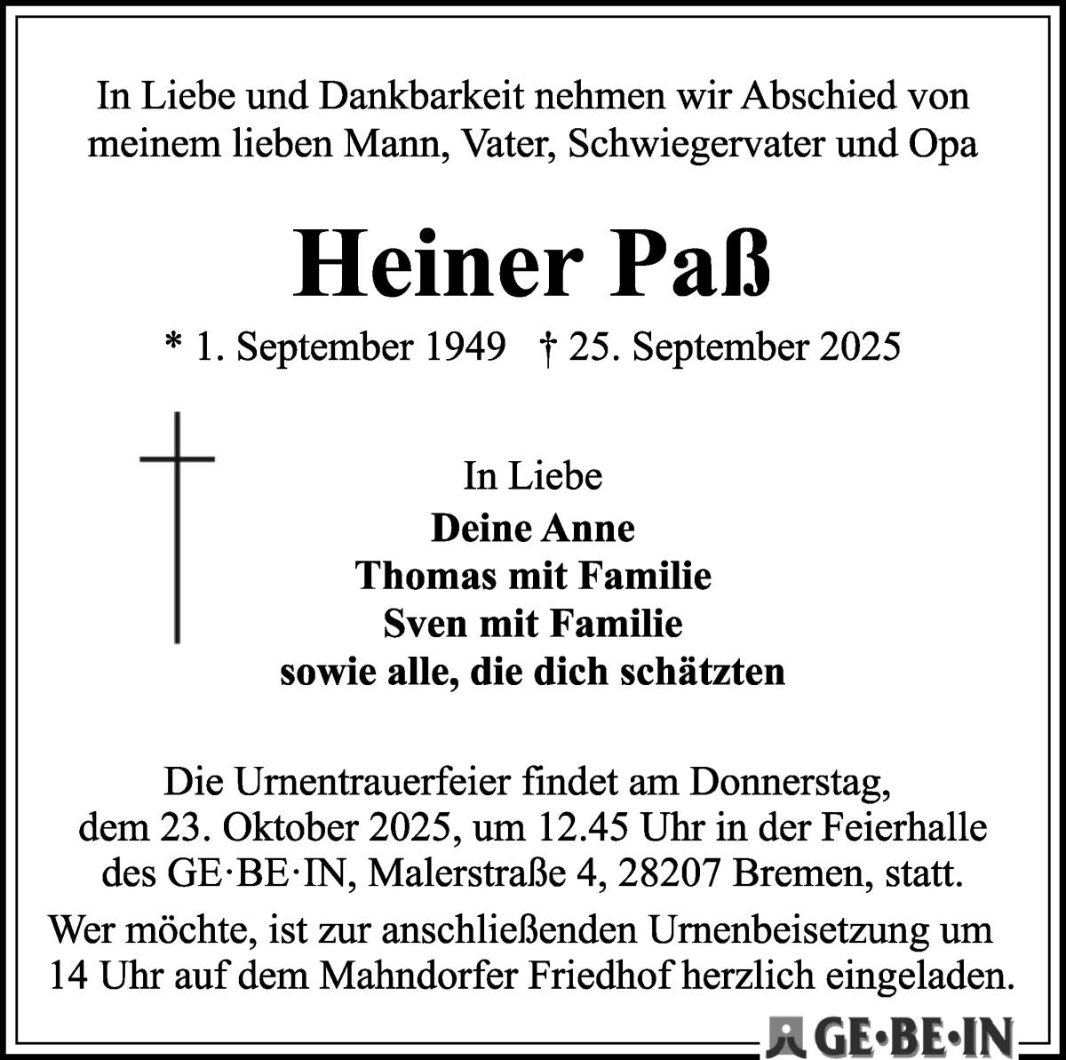 Traueranzeige von Heiner Paß von WESER-KURIER