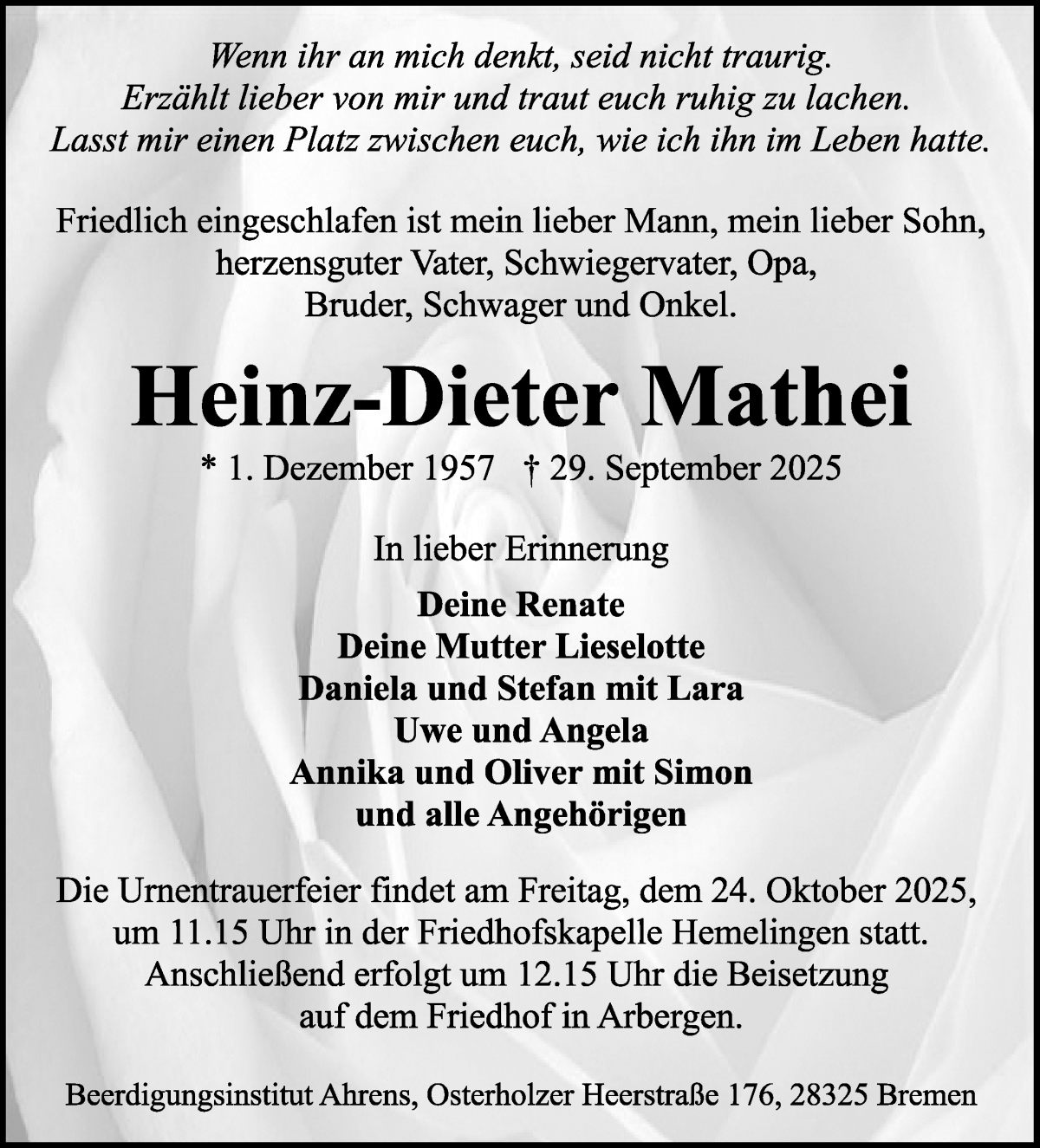 Traueranzeige von Heinz-Dieter Mathei von WESER-KURIER