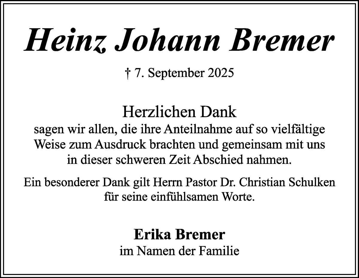 Traueranzeige von Heinz Johann Bremer von WESER-KURIER