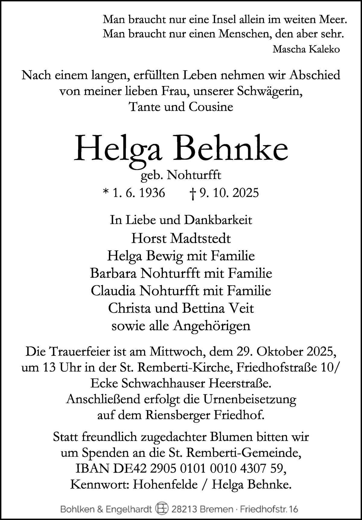 Traueranzeige von Helga Behnke von WESER-KURIER