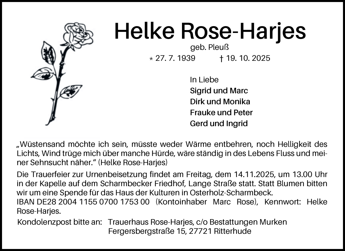 Traueranzeige von Helke Rose-Harjes von Osterholzer Kreisblatt