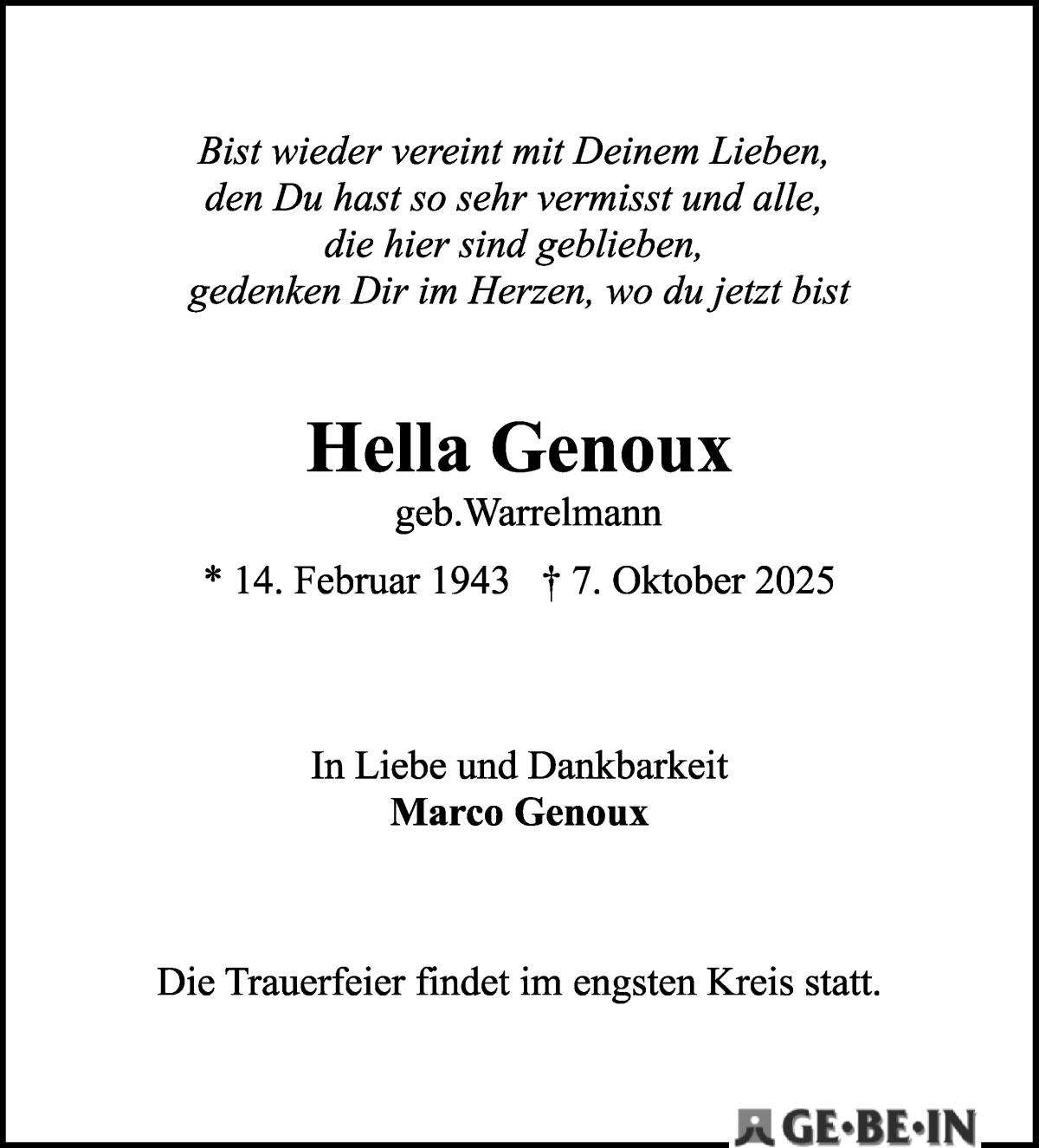 Traueranzeige von Hella Genoux von WESER-KURIER
