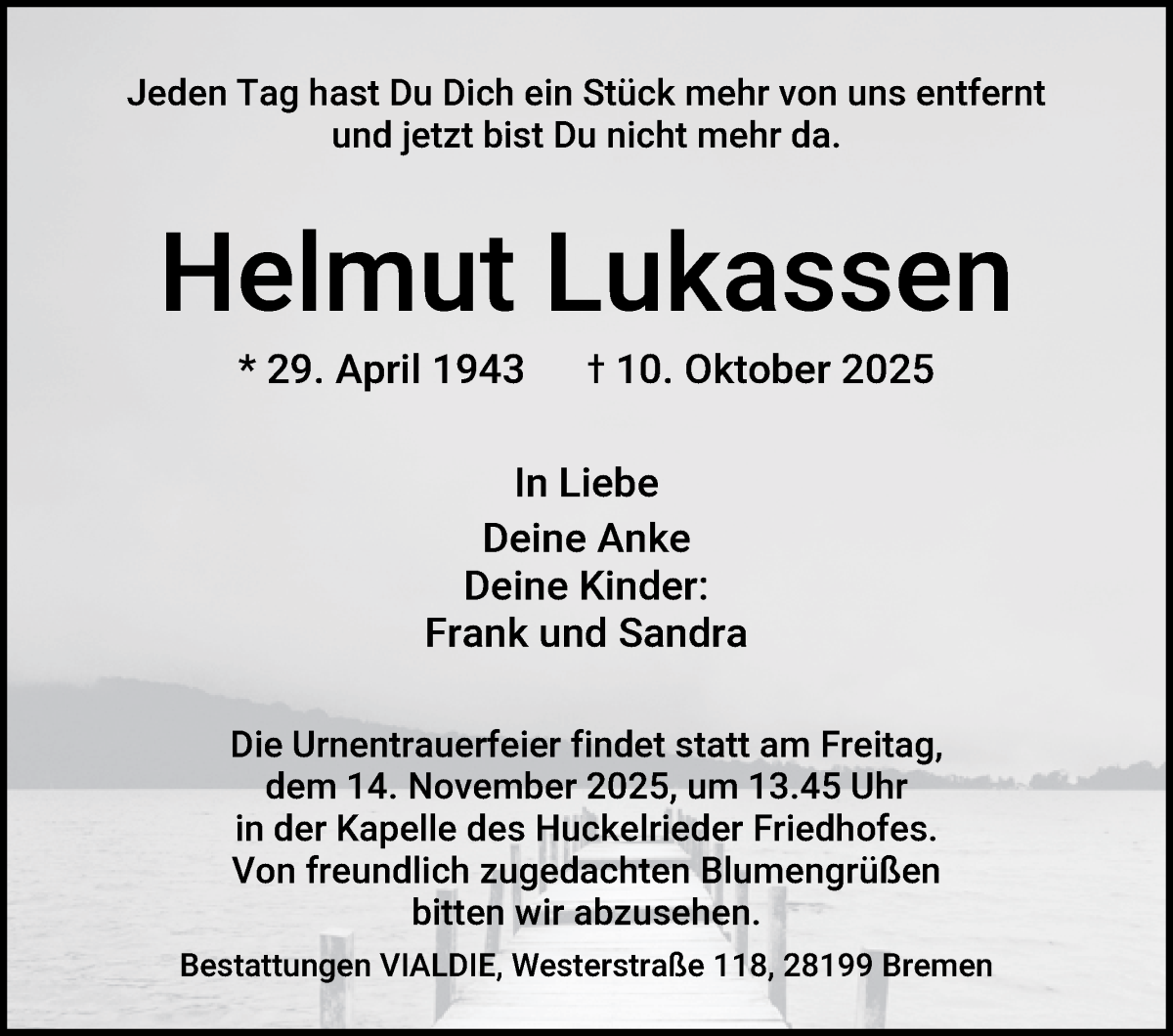 Traueranzeige von Helmut Lukassen von WESER-KURIER