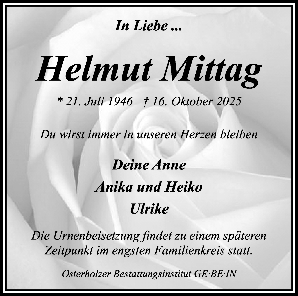  Traueranzeige für Helmut Mittag vom 25.10.2025 aus WESER-KURIER