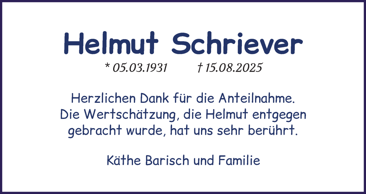 Traueranzeige von Helmut  Schriever von Die Norddeutsche