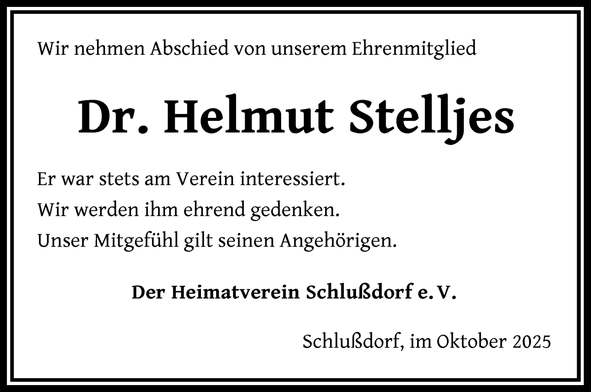 Traueranzeige von Helmut Stelljes von Wuemme Zeitung