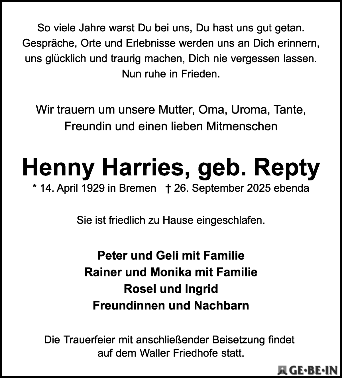  Traueranzeige für Henny Harries vom 11.10.2025 aus WESER-KURIER