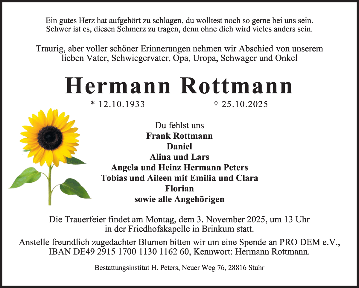 Traueranzeige von Hermann Rottmann von Regionale Rundschau/Syker Kurier