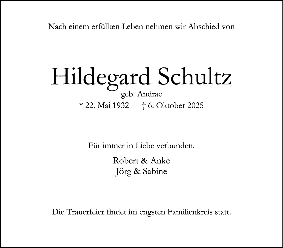 Traueranzeige von Hildegard Schultz von WESER-KURIER