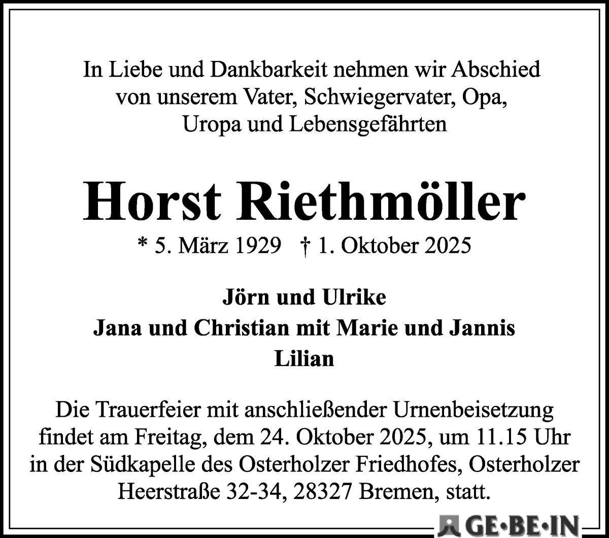 Traueranzeige von Horst Riethmöller von WESER-KURIER