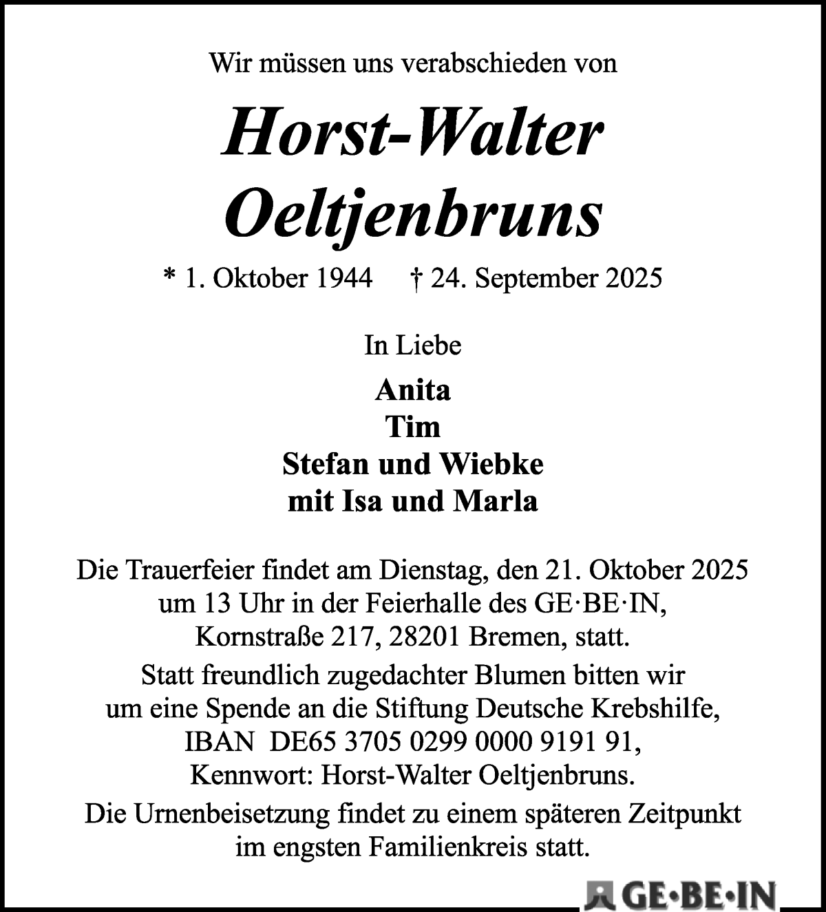 Traueranzeige von Horst-Walter Oeltjenbruns von WESER-KURIER
