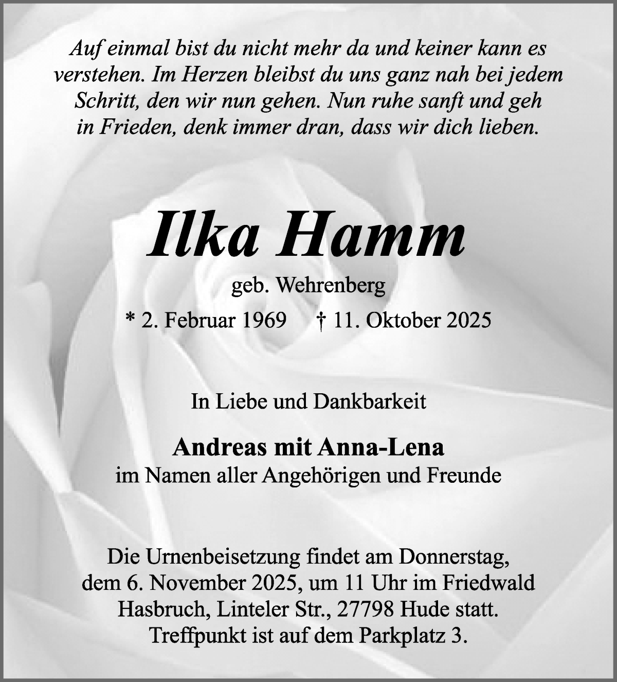 Traueranzeige von Ilka Hamm von WESER-KURIER