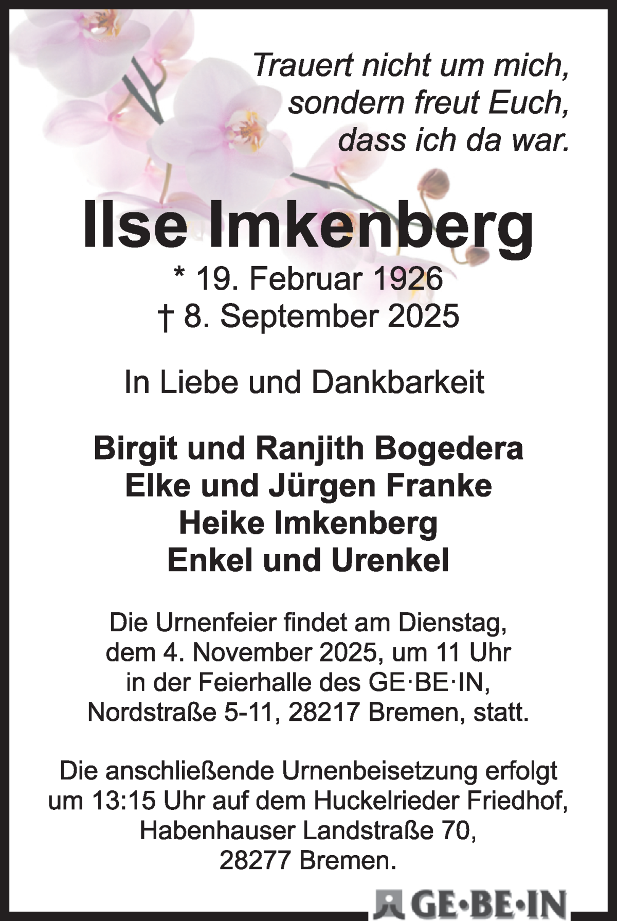 Traueranzeige von Ilse Imkenberg von WESER-KURIER