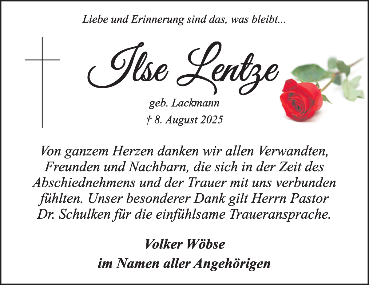  Traueranzeige für Ilse Lentze vom 25.10.2025 aus WESER-KURIER
