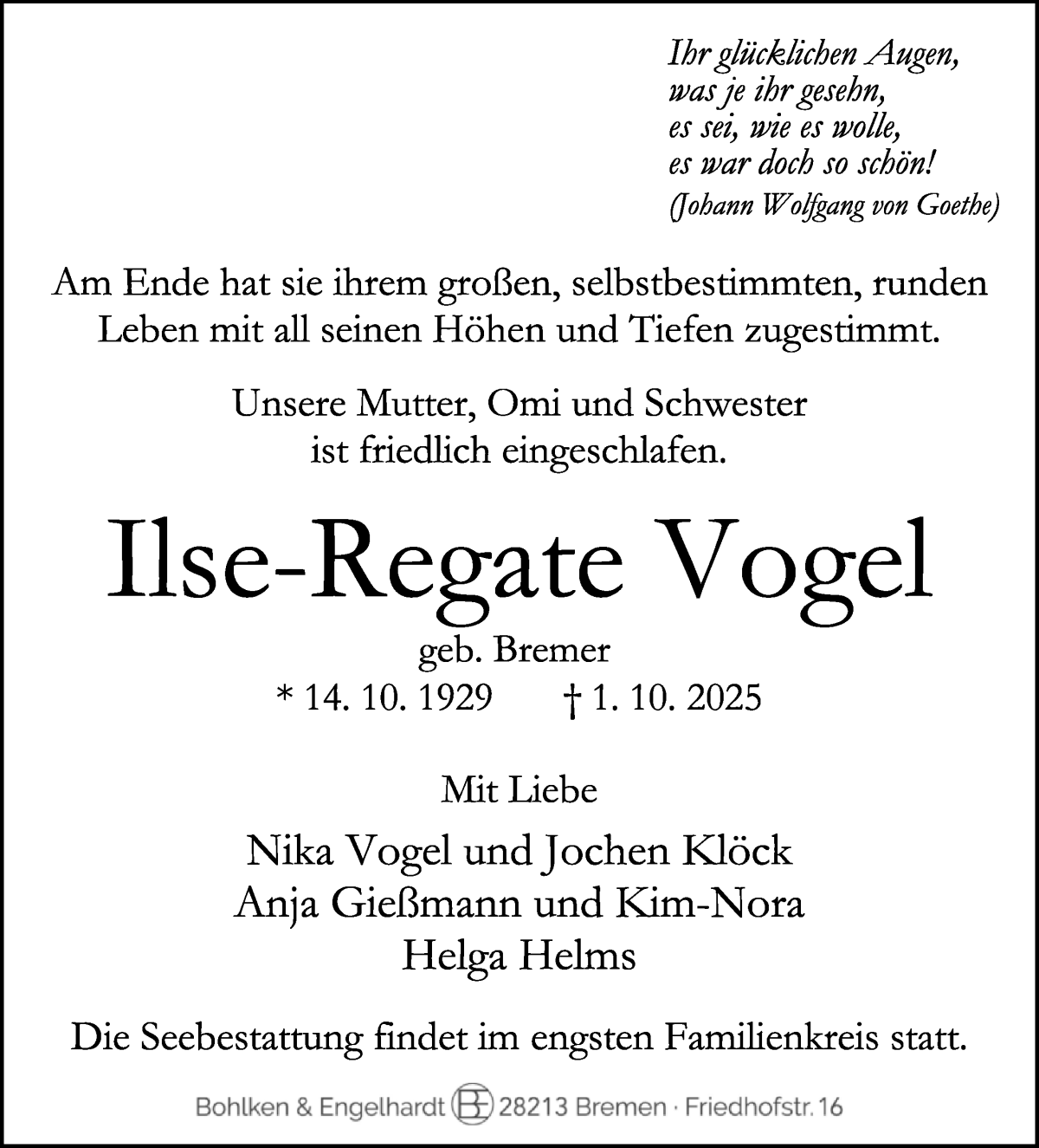 Traueranzeige von Ilse-Regate Vogel von WESER-KURIER