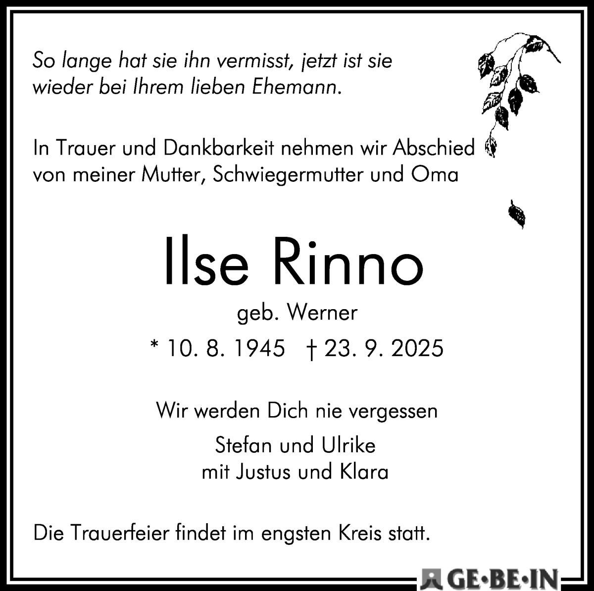 Traueranzeige von Ilse Rinno von WESER-KURIER
