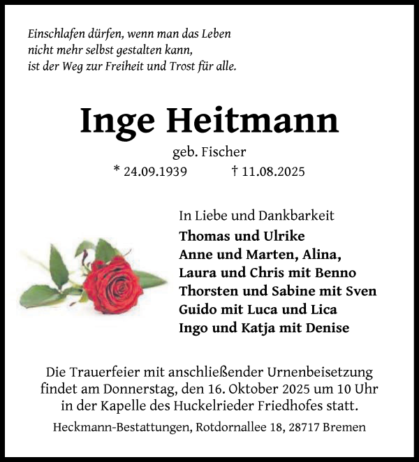 Traueranzeige von Inge Heitmann von WESER-KURIER