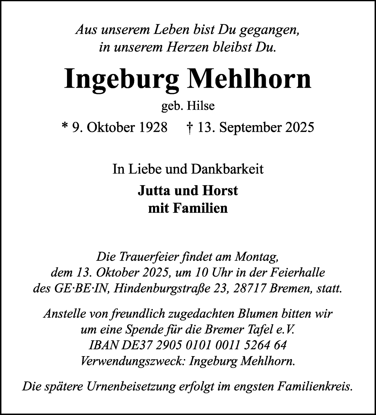 Traueranzeige von Ingeburg Mehlhorn von Die Norddeutsche