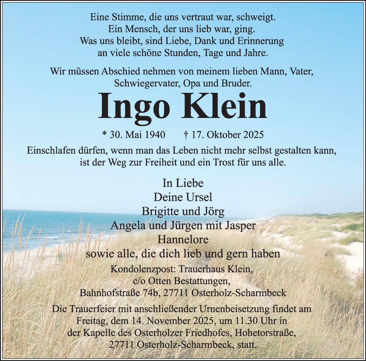 Traueranzeige von Ingo Klein von Osterholzer Kreisblatt