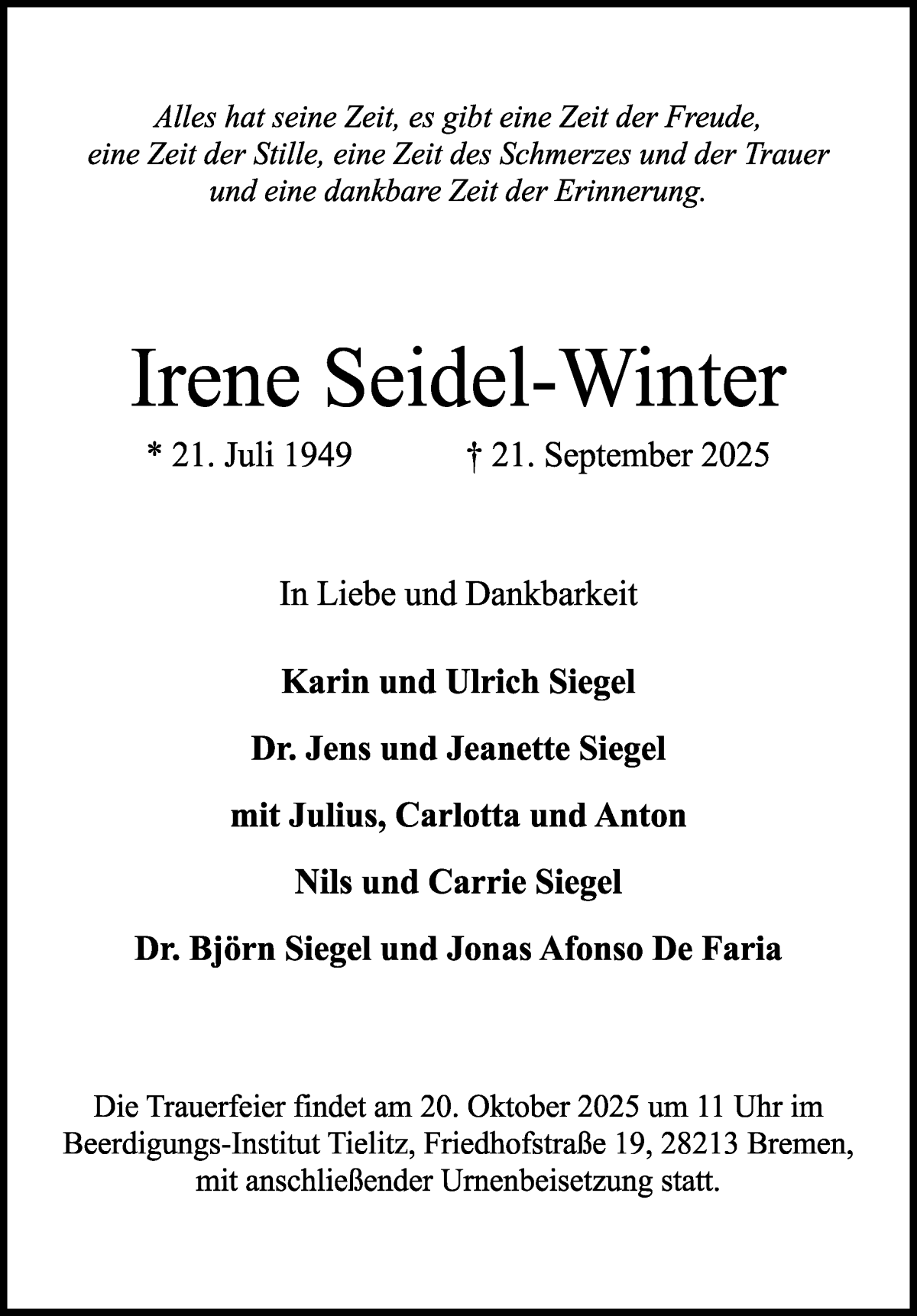 Traueranzeige von Irene Seidel-Winter von WESER-KURIER