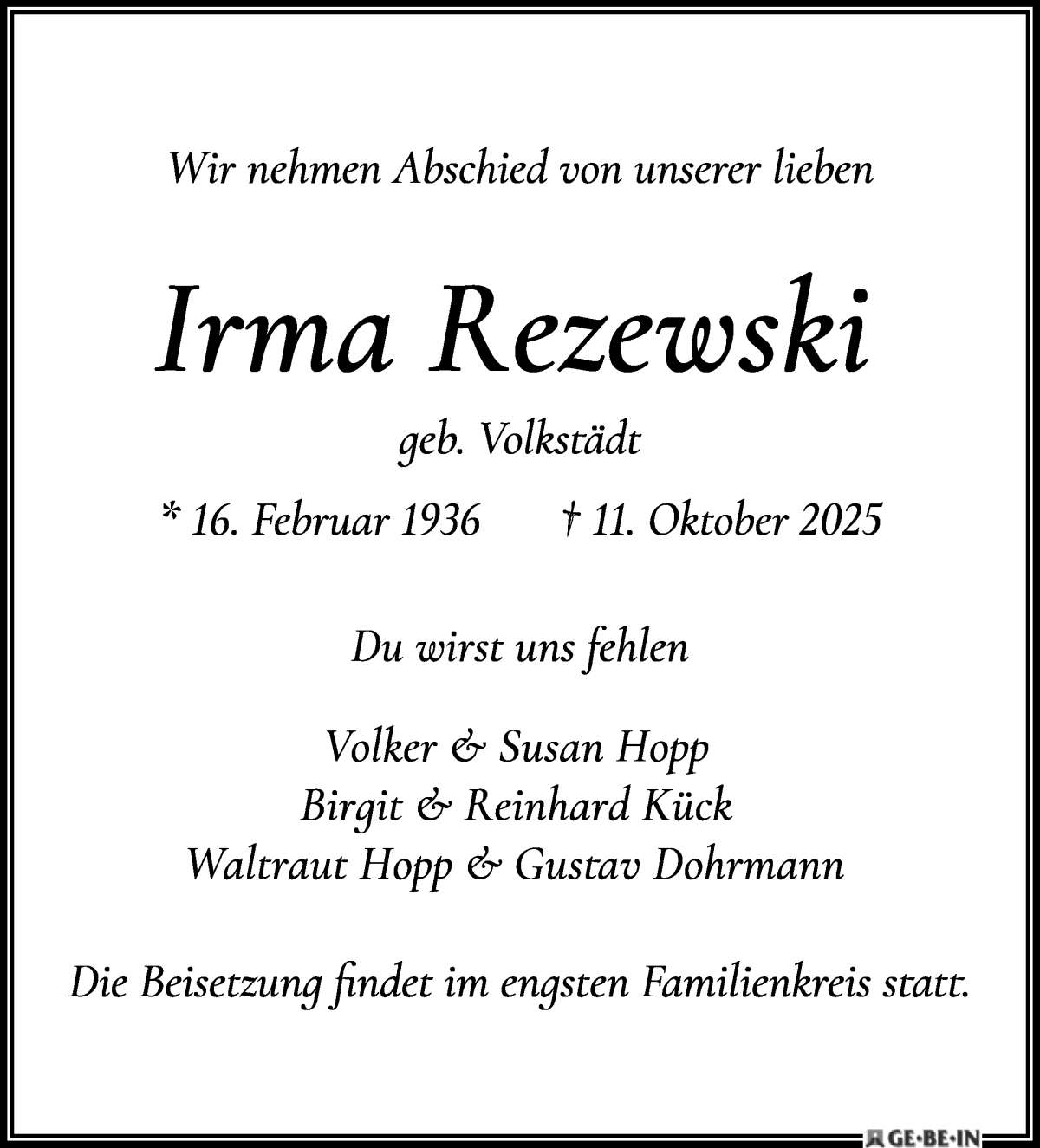 Traueranzeige von Irma Rezewski von WESER-KURIER