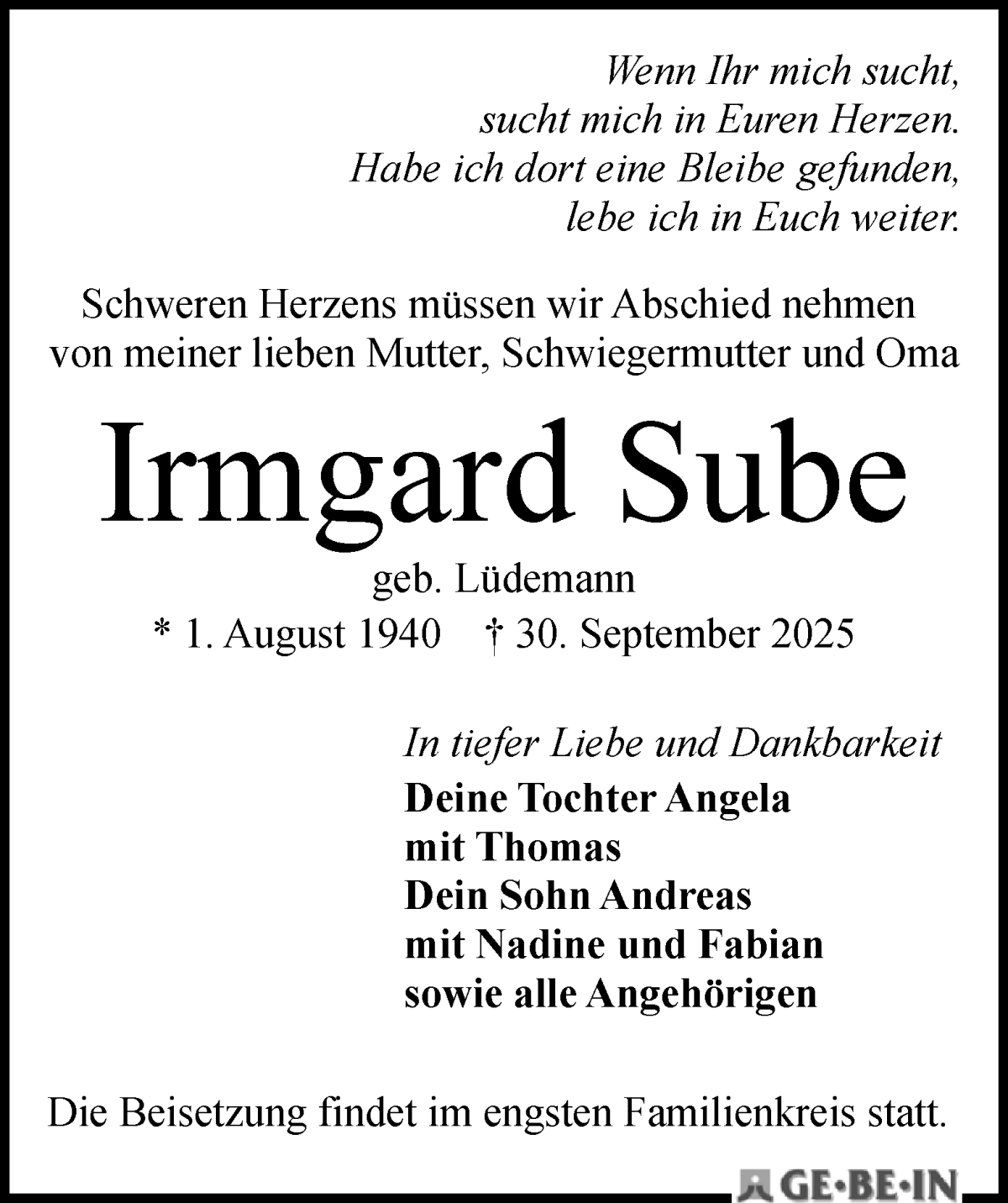 Traueranzeige von Irmgard Sube von WESER-KURIER