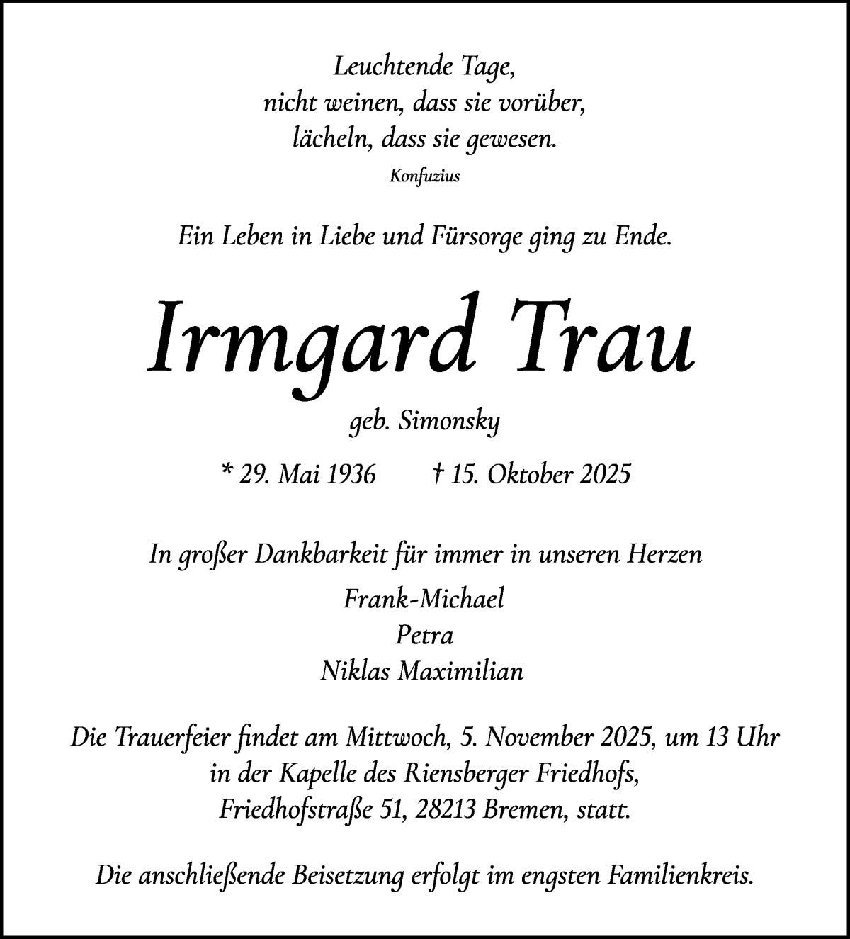 Traueranzeige von Irmgard Trau von WESER-KURIER