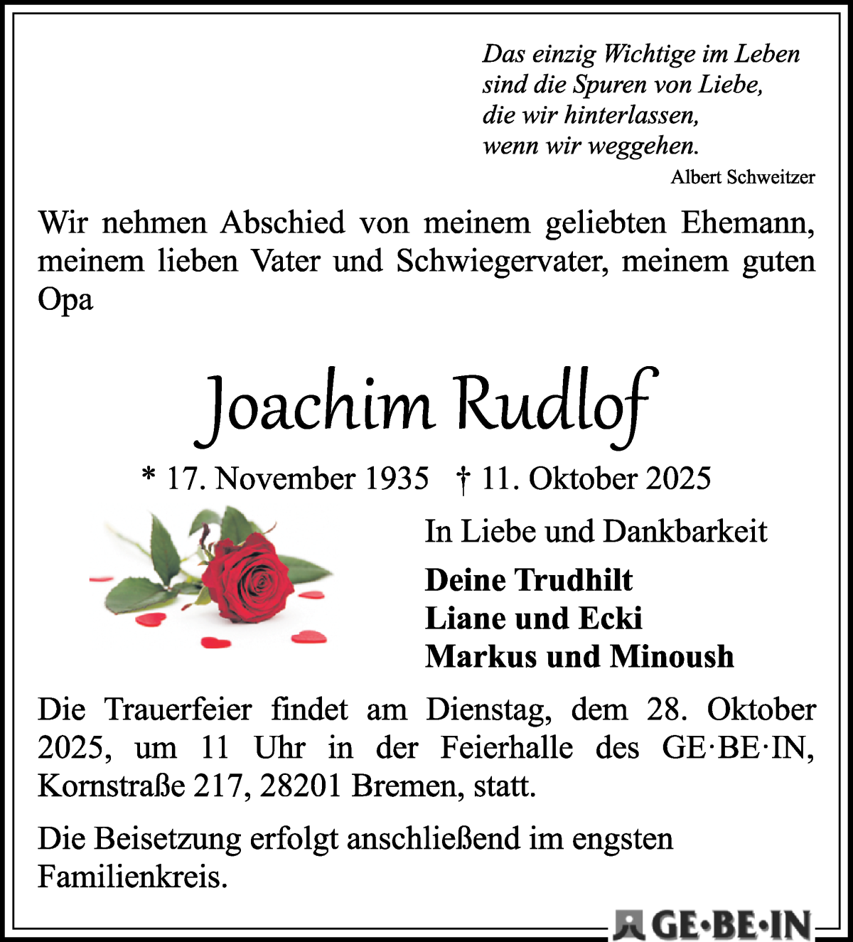 Traueranzeige von Joachim Rudlof von WESER-KURIER