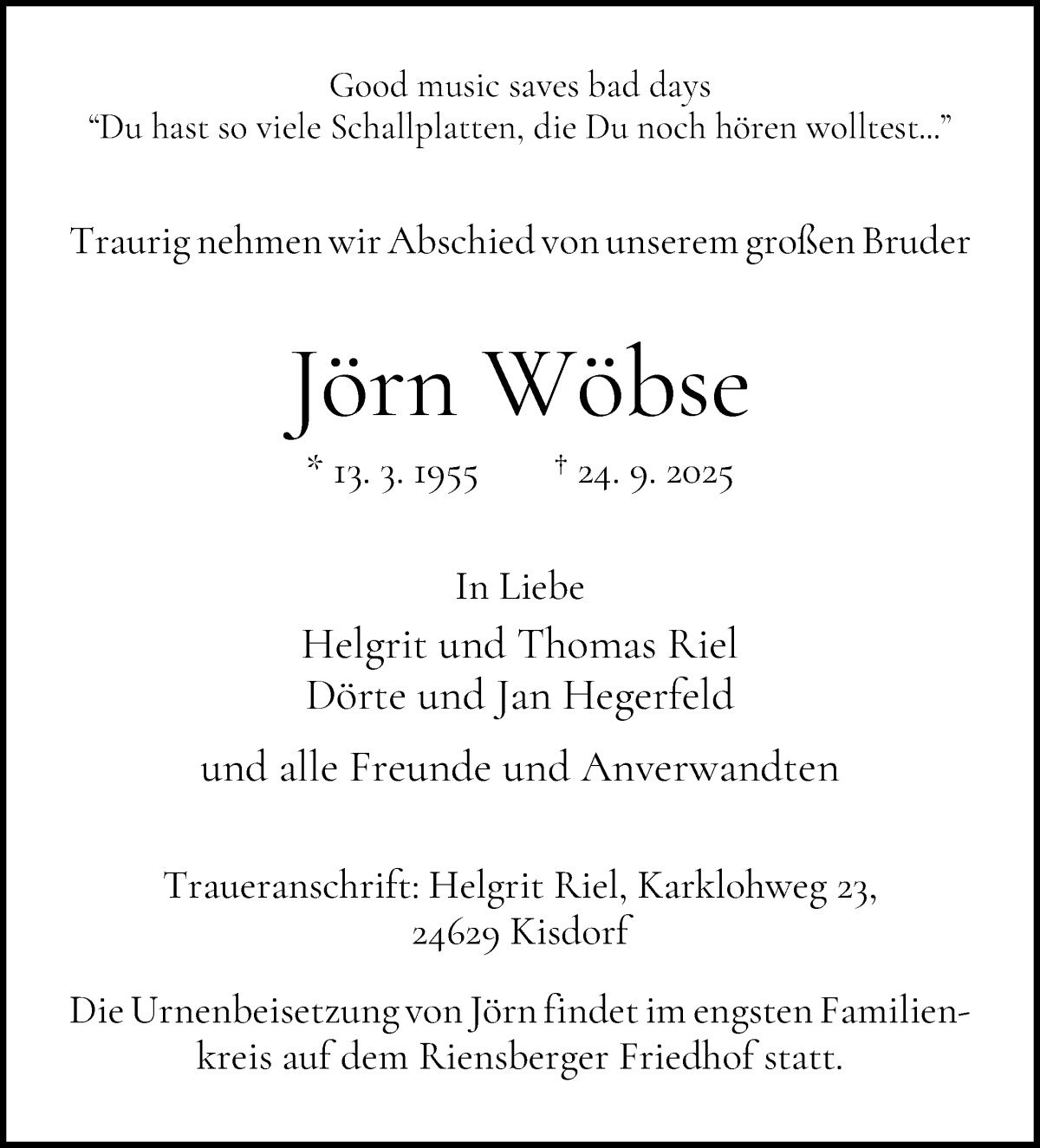 Traueranzeige von Jörn Wöbse von WESER-KURIER